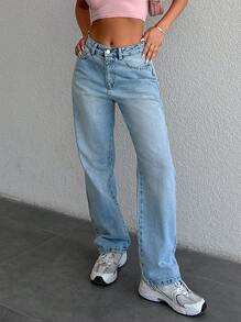 RueChic Slant Pocket Straight Leg Jeans - Baby Blue - View 5