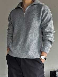DAZY Men Ribbed Knit Quarter Zip Drop Shoulder Fall Sweater - Grey - View 5