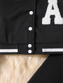 SHEIN 女大童字母貼布條紋飾邊學院風夾克和運動褲無毛衣 - 黑色 - 查看 6