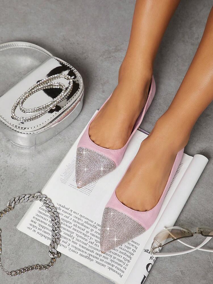Rhinestone Decor Point Toe Ballet Flats