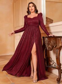 大碼雞心領口高衩亮片正式洋裝 - 酒紅色 - 查看 1