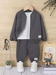 SHEIN 男嬰字母貼布插肩袖飛行員夾克和運動褲不帶T恤 - 深灰色 - 查看 6