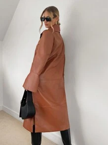 SHEIN Privé Áo khoác da PU có thắt lưng có tay loe - Cà phê nâu - Xem 3