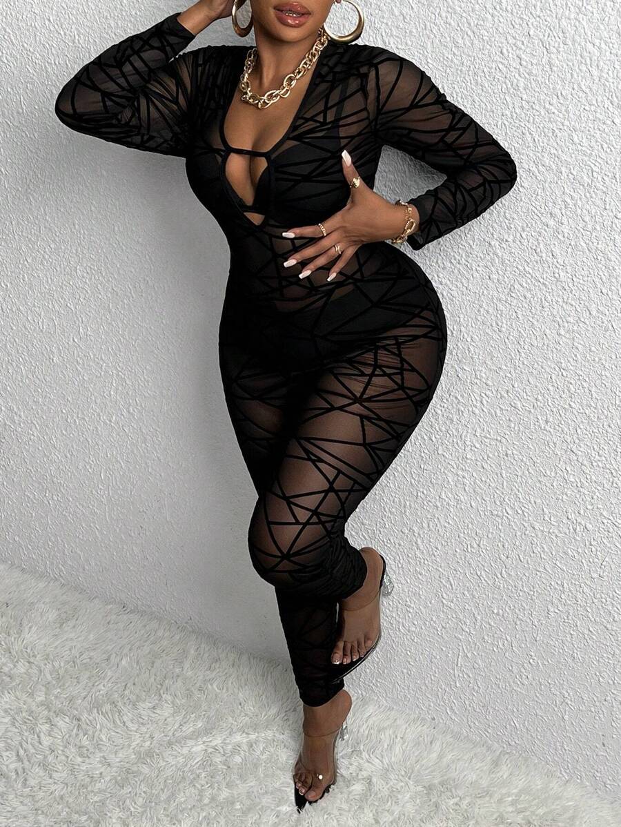 Slaydiva 大碼幾何印花深V領網紗彈力緊身連體褲不附帶內衣褲套裝 - 黑色 - 查看 1