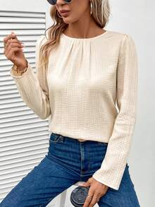 SHEIN LUNE 後紐扣泡泡袖襯衫 - 杏色 - 查看 3