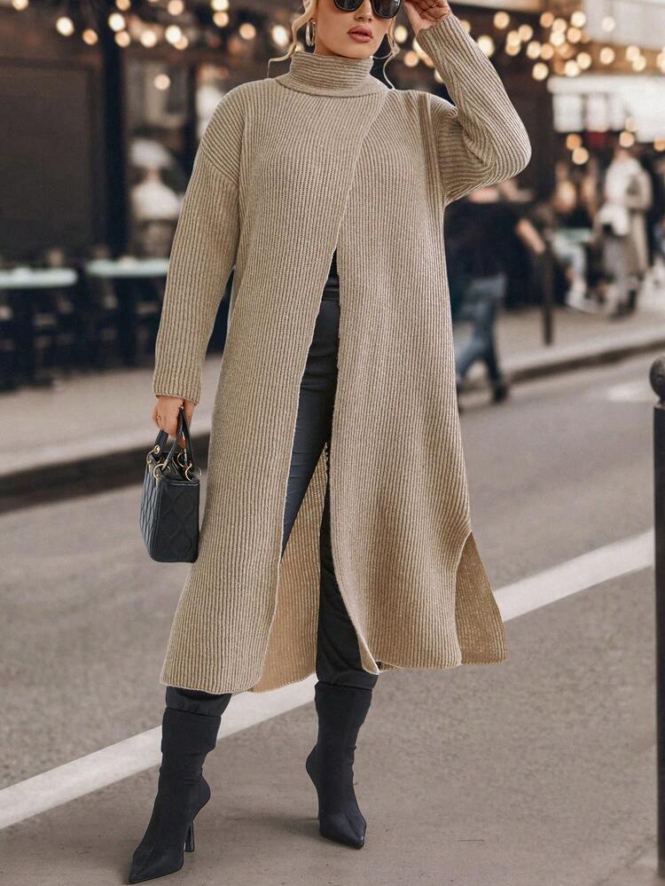 Plus Turtleneck Drop Shoulder Wrap Hem Sweater Knit Pullover Fall Winter Sweater