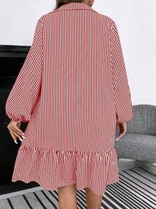 SHEIN LUNE Plus Striped Print Lantern Sleeve Ruffle Hem Smock Dress - Burgundy - View 2