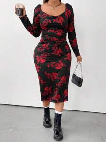 Flirla Plus Chinese Dragon Print Sweetheart Neck Bodycon Dress - Black - View 4