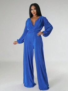 Plunging Neck Twist Front Wide Leg Jumpsuit - Blue - View 1