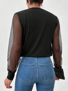 EURMUSE Contrast Dobby Mesh Sleeve Plunging Neck Blouse - Black - View 2