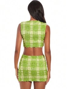 SHEIN BAE Plaid Print Raw Trim Crop Tank Top & Bodycon Skirt - Green - View 3
