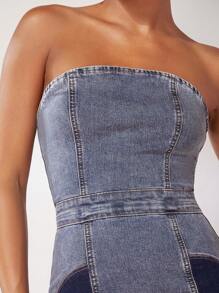 Colorblock Tube Denim Dress - Blue - View 4