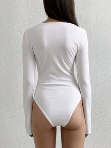 SHEIN Unity Women's Casual Everyday Commute Simple Solid Color Ribbed Knit Button-Up Long Sleeve Bodysuit, Spring/Autumn - White - View 2