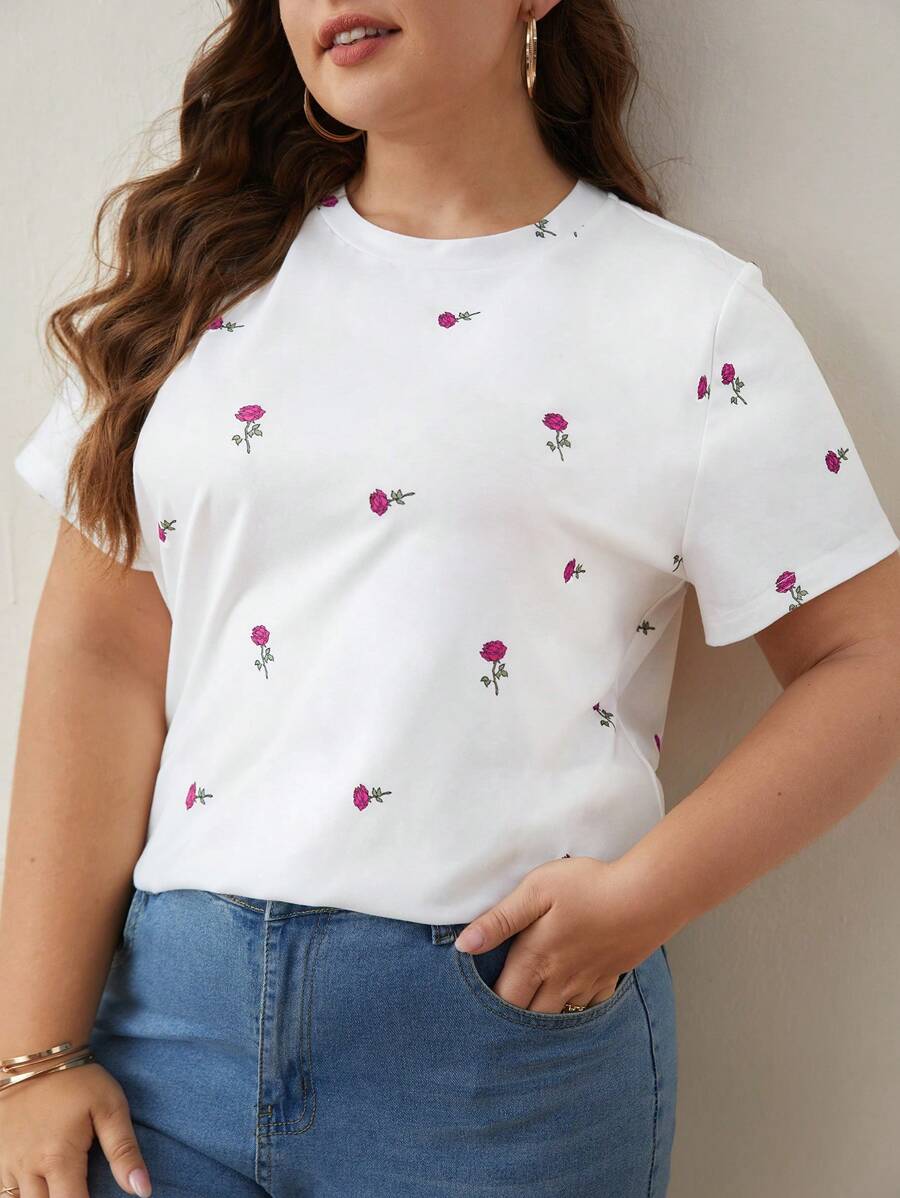 SHEIN Frenchy Plus Floral Print Tee - Pink - View 1
