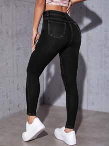 SHEIN PETITE 素色破洞緊身牛仔褲 - 黑色 - 查看 2