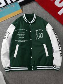 Manfinity Men Plus Slogan Graphic Striped Trim Varsity Jacket - Green - View 1