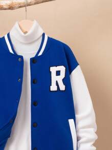 SHEIN 男孩字母貼布條紋飾邊落肩袖雙色學院風夾克無衛衣 - 藍色 - 查看 4