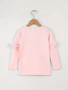 Chica Joven Camiseta con estampado de slogan y dibujos animados ribete con fruncido - Rosa - Ver 2