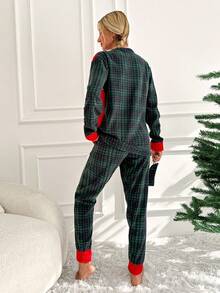 RueChic Bear Embroidery Plaid Print PJ Set - Red - View 2
