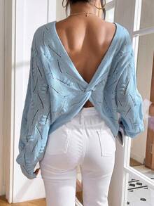 SHEIN Privé Áo len trễ vai đan kiểu Pointelle Twist Backless - Màu xanh lam - Xem 2