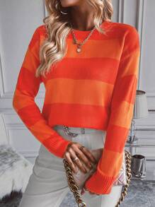 SHEIN LUNE Colorblock Drop Shoulder Knit Pullover Fall Winter Sweater - Burnt Orange - View 4
