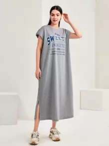 Mulvari 標語圖案蝙蝠翼袖T恤洋裝 - 淺灰色 - 查看 1
