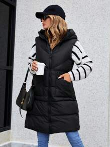 SHEIN Cottnline Dual Pocket Hooded Puffer Vest Coat - Black - View 5