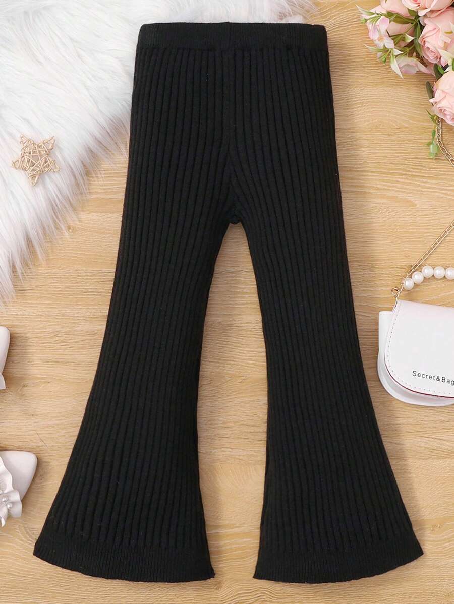 SHEIN Young Girl Solid Flare Leg Knit Pants,In Fall/Winter - Black - View 1