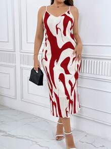 SHEIN Privé Plus Graphic Print Cami Dress - Red - View 5