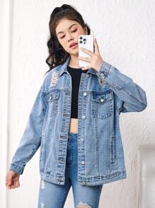 Chica adolescente Cazadora mezclilla desgarro de hombros caídos - Azul lavado medio - Ver 3