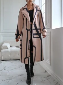SHEIN LUNE Áo khoác có dây thắt lưng in hình Geo - Màu Khaki - Xem 5