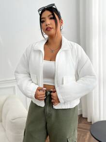 SHEIN EZwear Plus Flap Pocket Drop Shoulder Zipper Corduroy Padded Coat