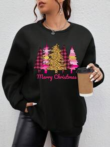 Calvaya Plus Size Women Christmas Slogan Print Crew Neck Drop Shoulder Casual Thermal Sweatshirt - Black - View 1