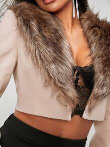 SHEIN SXY Fuzzy Collar Crop Jacket - Khaki - View 6
