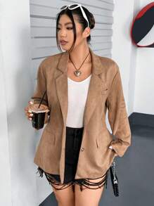 Flirla Plus Lapel Neck Single Breasted Suedette Blazer - Brown - View 4