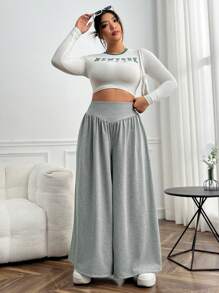 SHEIN EZwear Plus High Waist Wide Leg Pants - Grey - View 4