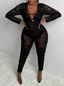 Slaydiva 大碼幾何印花深V領網紗彈力緊身連體褲不附帶內衣褲套裝 - 黑色 - 查看 4