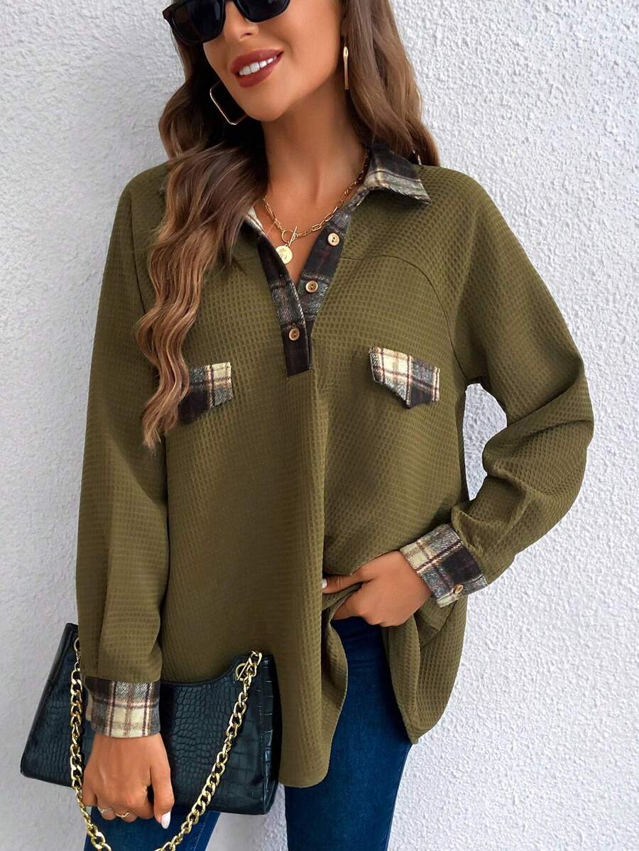 SHEIN LUNE Bluse aus Waffelstrick mit Karomuster und Polokragen