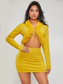 SHEIN SXY Fuzzy Trim Tie Front Crop Cardigan & Knit Skirt - Mustard Yellow - View 4