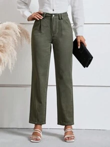 SHEIN LUNE Solid Straight Leg Cropped Jeans - Olive Green - View 4