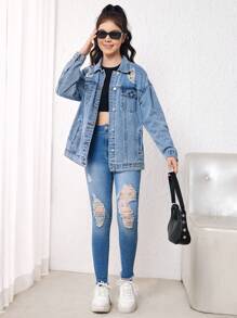 Chica adolescente Cazadora mezclilla desgarro de hombros caídos - Azul lavado medio - Ver 4