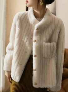 Wool Solid Button Front Fuzzy Coat - White - View 3