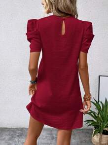 SHEIN Clasi Solid Puff Sleeve Dress - Burgundy - View 2