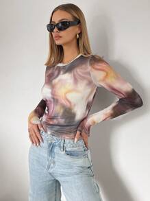 SHEIN Essnce 紮染短款T恤 - 棕色 - 查看 4