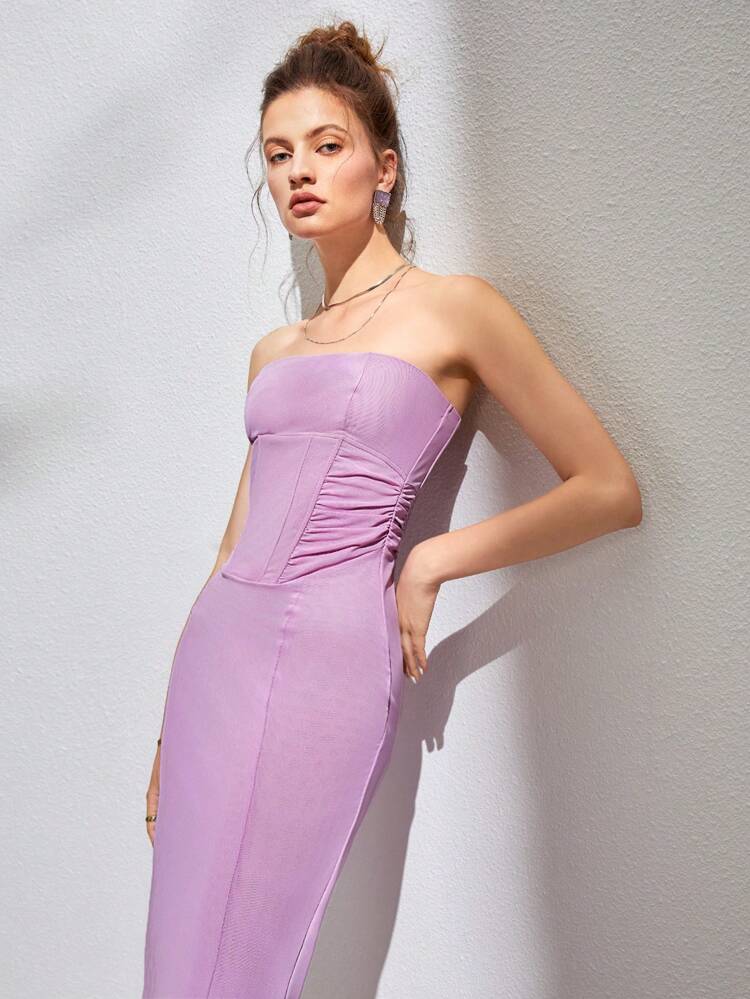 Women's Tube Top Mesh Fishbone Slim Banquet Dress