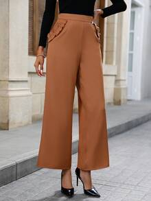 SHEIN LUNE Solid Slant Pocket Wide Leg Pants - Brown - View 4