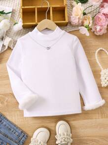 SHEIN Young Girl Solid Mock Neck Fuzzy Cuff Tee - White - View 1