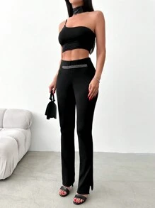 EURMUSE Women's Fashion Versatile Commuter Pants With Pearl Decoration - Black - View 5