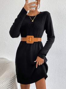 EMERY ROSE Solid Round Neck Sweater Dress Fall Winter Cloth For Women - Black - View 6