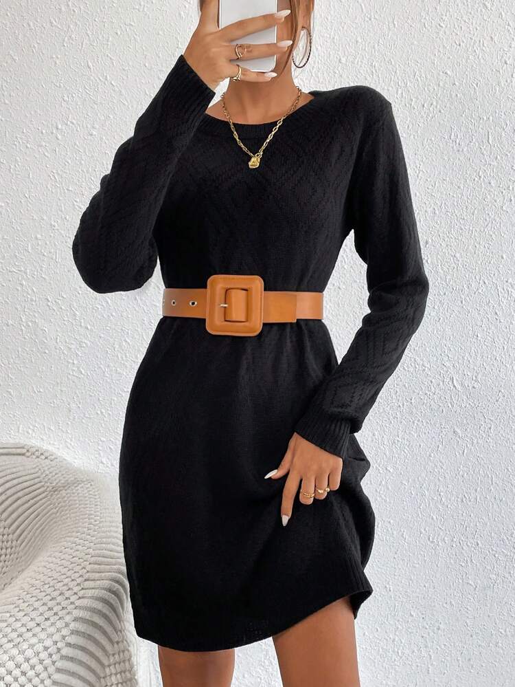 Solid Round Neck Sweater Dress Fall Winter Cloth For Women